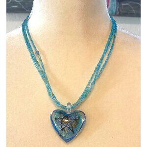 Glass Blown Blue Heart with Gold Star Art Multi-strand Beaded Glass Necklace
